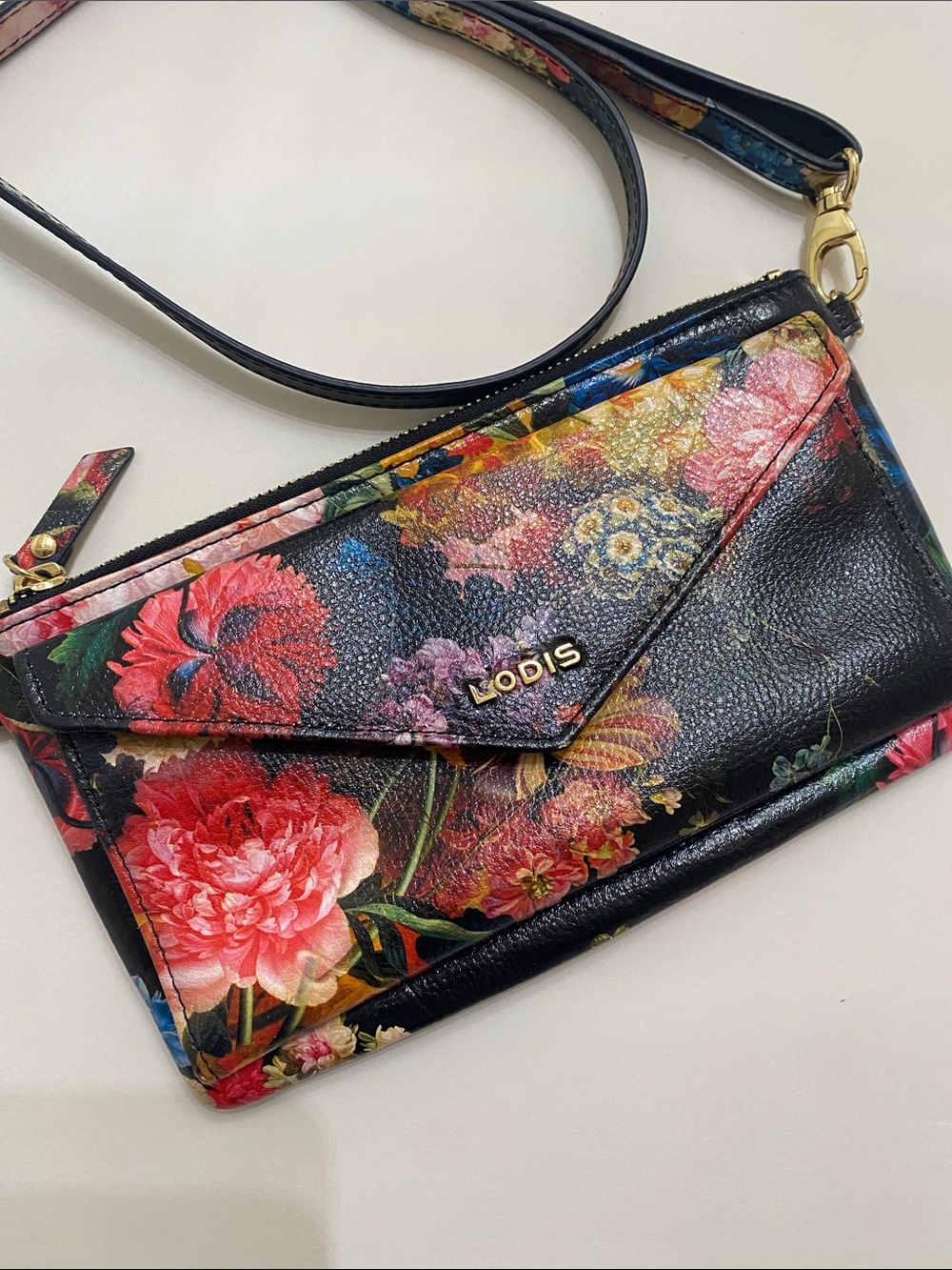 Lodis Black Floral Leather Crossbody Wallet with Gold Hardware